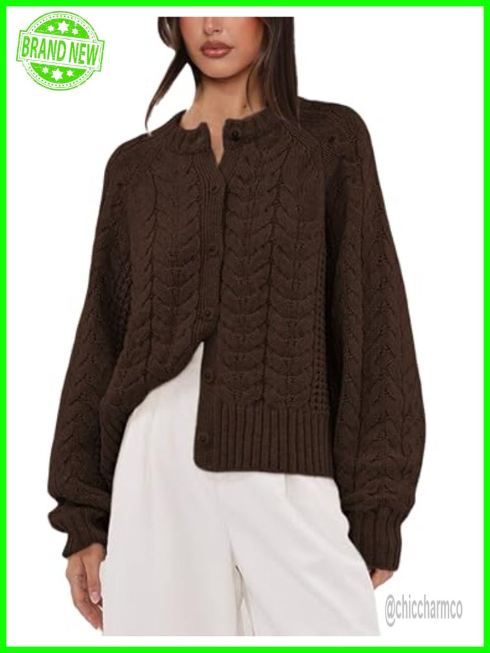 Cable Knit Cardigan Open Front Button Loose Long Sleeve Sweater